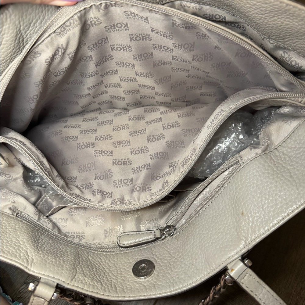 Michael Kors Light Gray Pebbled Leather Chain-Accent Tote - Picture 13 of 15